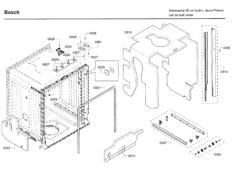Frame Diagram and Parts List for 22 Bosch Dishwasher