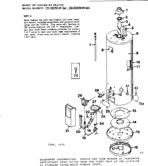 Replacement Parts Diagram and Parts List for 153333350  Kenmore Water Heater