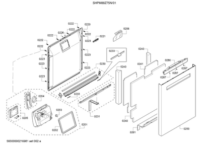 Door/Dispenser Diagram and Parts List for 01 Bosch Dishwasher