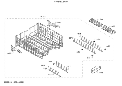Upper Rack/Rack Handle Diagram and Parts List for 01 Bosch Dishwasher