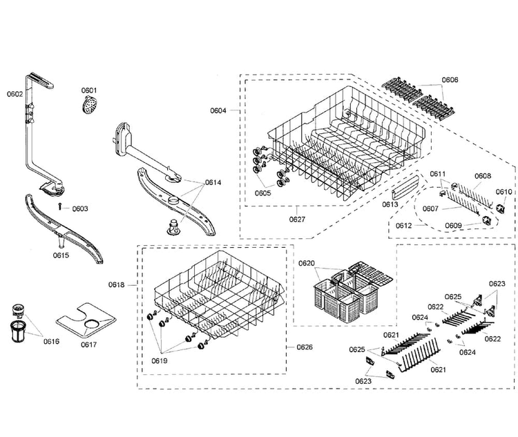 Baskets Assy Diagram and Parts List for SHV46C13UC 46 Bosch Dishwasher