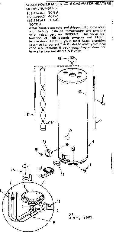 Replacement Parts Diagram and Parts List for 153334343  Kenmore Water Heater