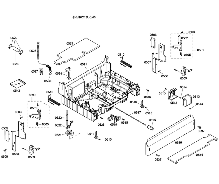 Base Assy Diagram and Parts List for SHV46C13UC 46 Bosch Dishwasher