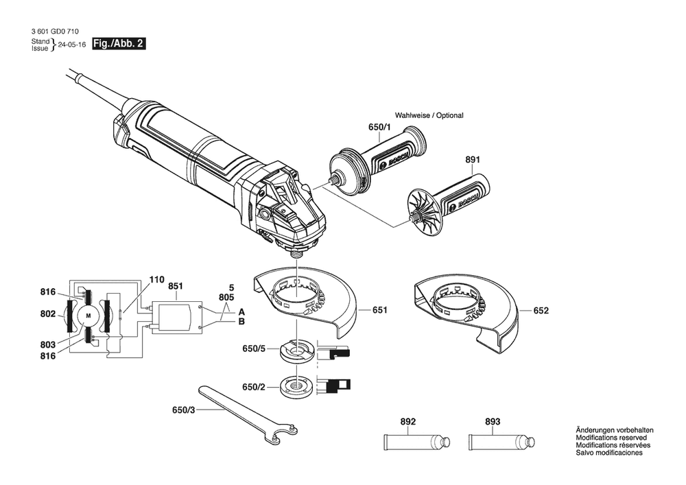 Section 2 Diagram and Parts List for 3601GD0710 Bosch Angle Grinder