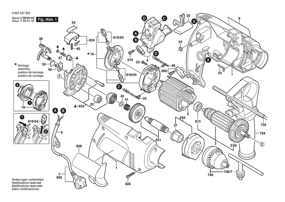 Section 1 Diagram and Parts List for 0603337550 Bosch Hammer Drill