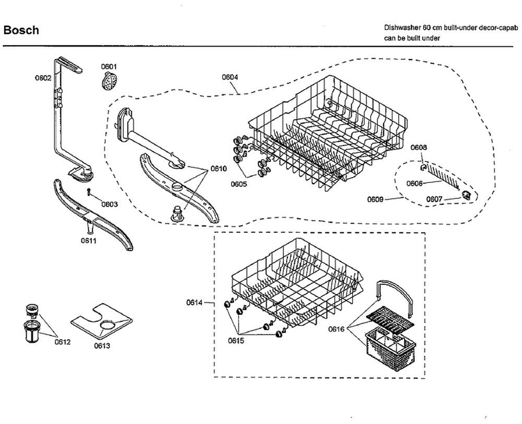 Rack Diagram and Parts List for SHU33A02UC 22 Bosch Dishwasher