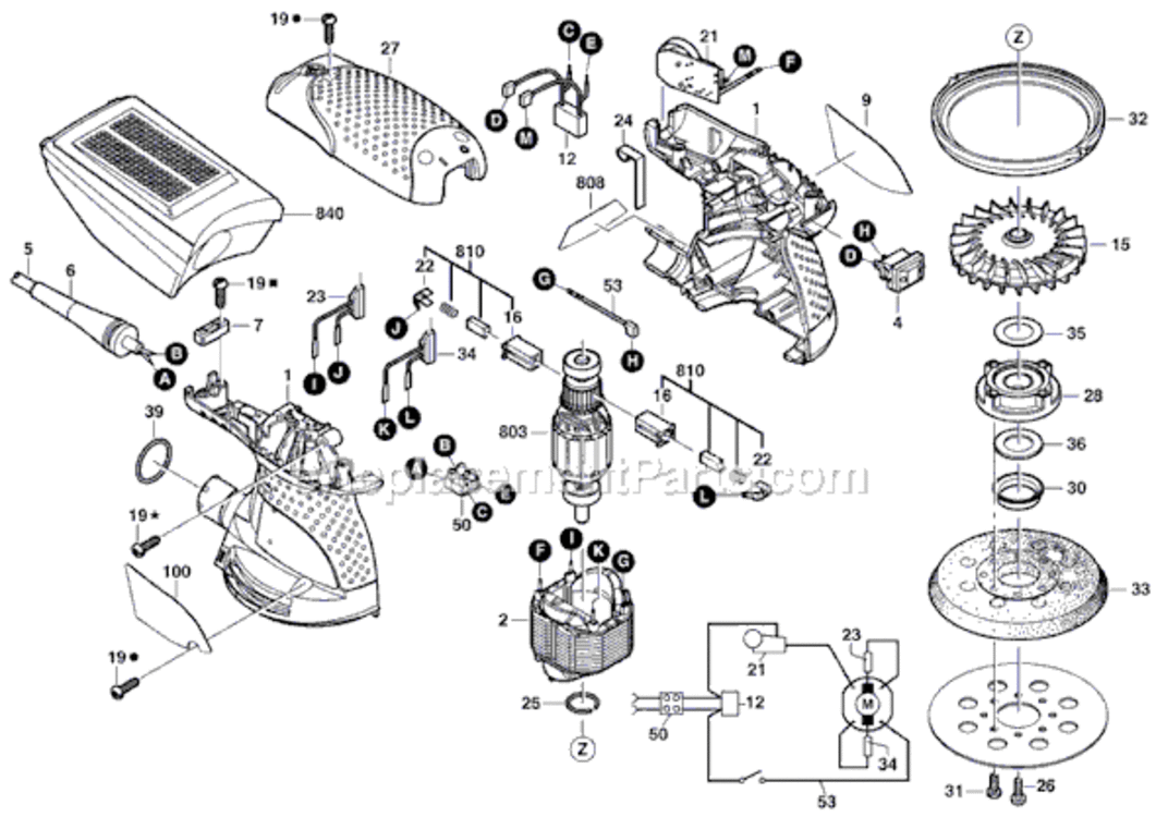Page A Diagram and Parts List for 3601C87511 Bosch Orbital or Palm Sander