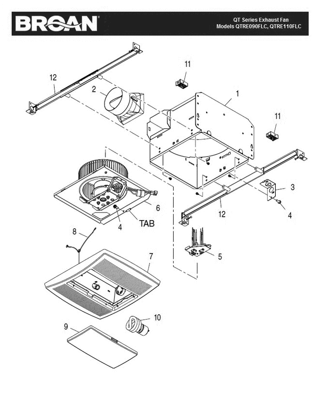 Part List Diagram and Parts List for  Broan Bath & Ventilation Fan