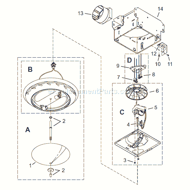 Page A Diagram and Parts List for  Broan Bath & Ventilation Fan