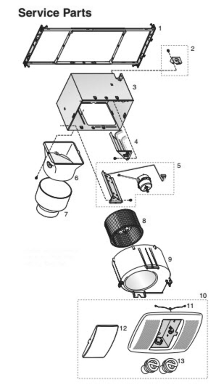 Part List Diagram and Parts List for  Broan Bath & Ventilation Fan