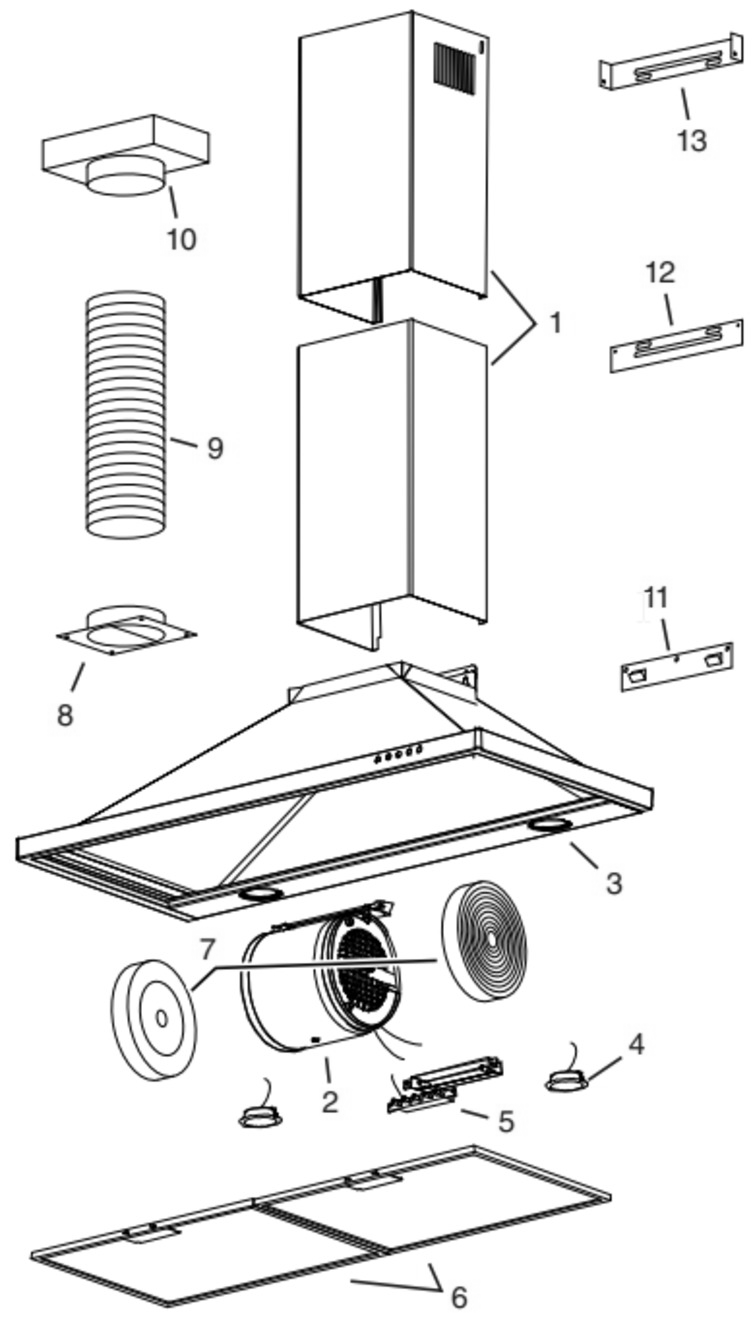 Part List Diagram and Parts List for  Broan Range Hood
