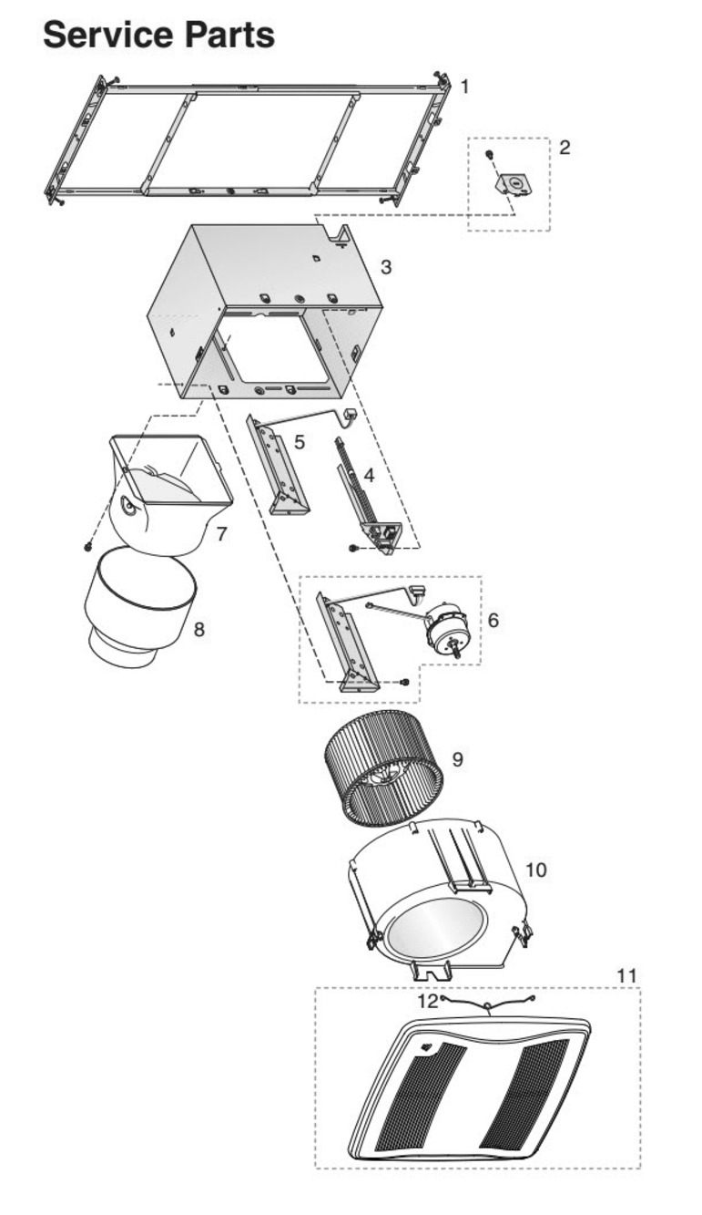 Part List Diagram and Parts List for  Broan Bath & Ventilation Fan