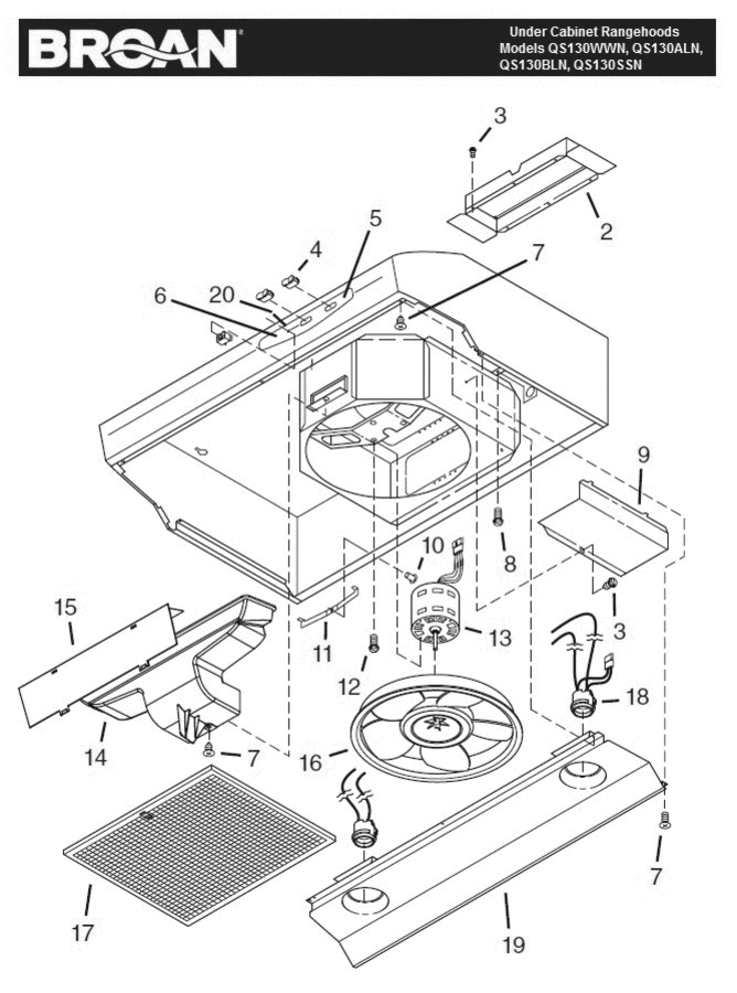 Part List Diagram and Parts List for  Broan Bath & Ventilation Fan
