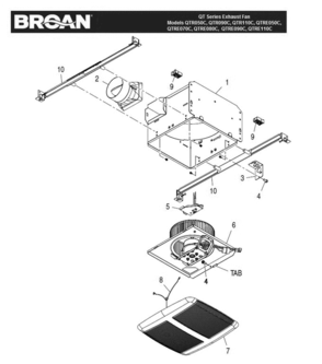 Part List Diagram and Parts List for  Broan Bath & Ventilation Fan