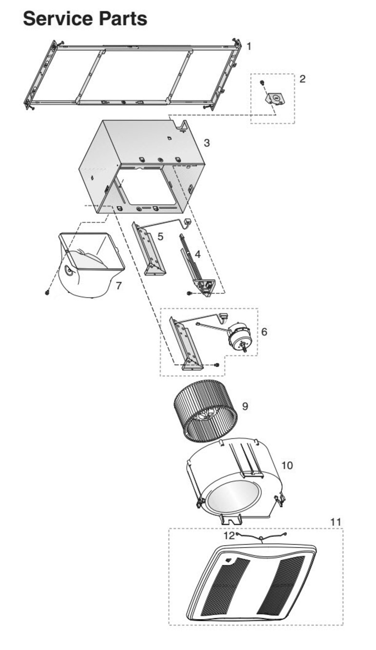 Part List Diagram and Parts List for  Broan Bath & Ventilation Fan
