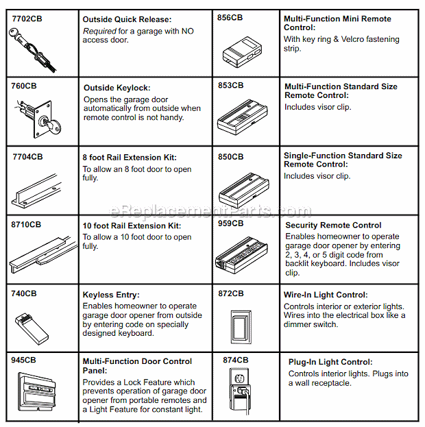 Accessories Diagram and Parts List for  Chamberlain Garage Door Opener
