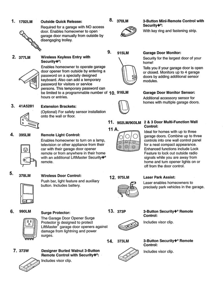 Accessories Diagram and Parts List for  Chamberlain Garage Door Opener
