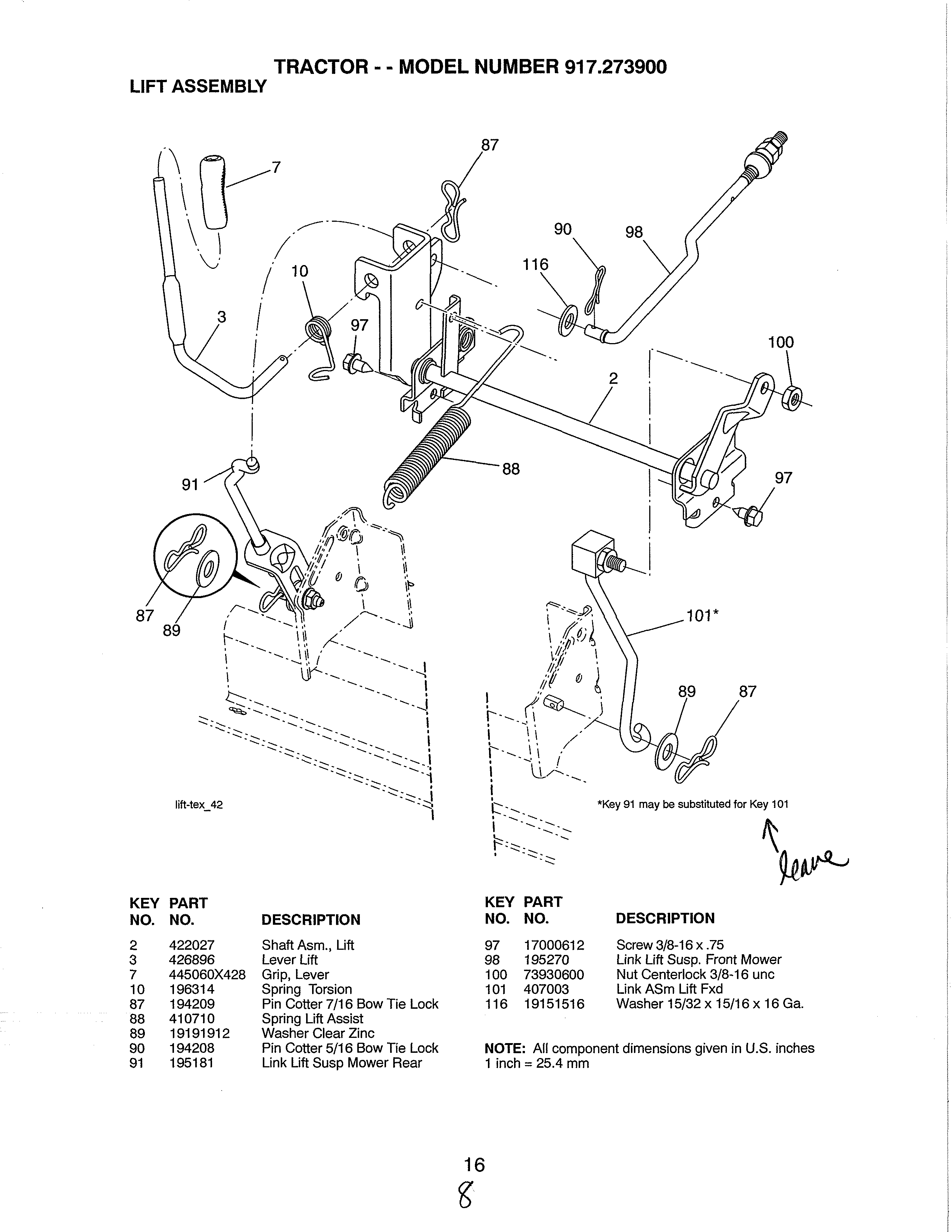 Lift Assembly Diagram and Parts List for  Craftsman Lawn Tractor