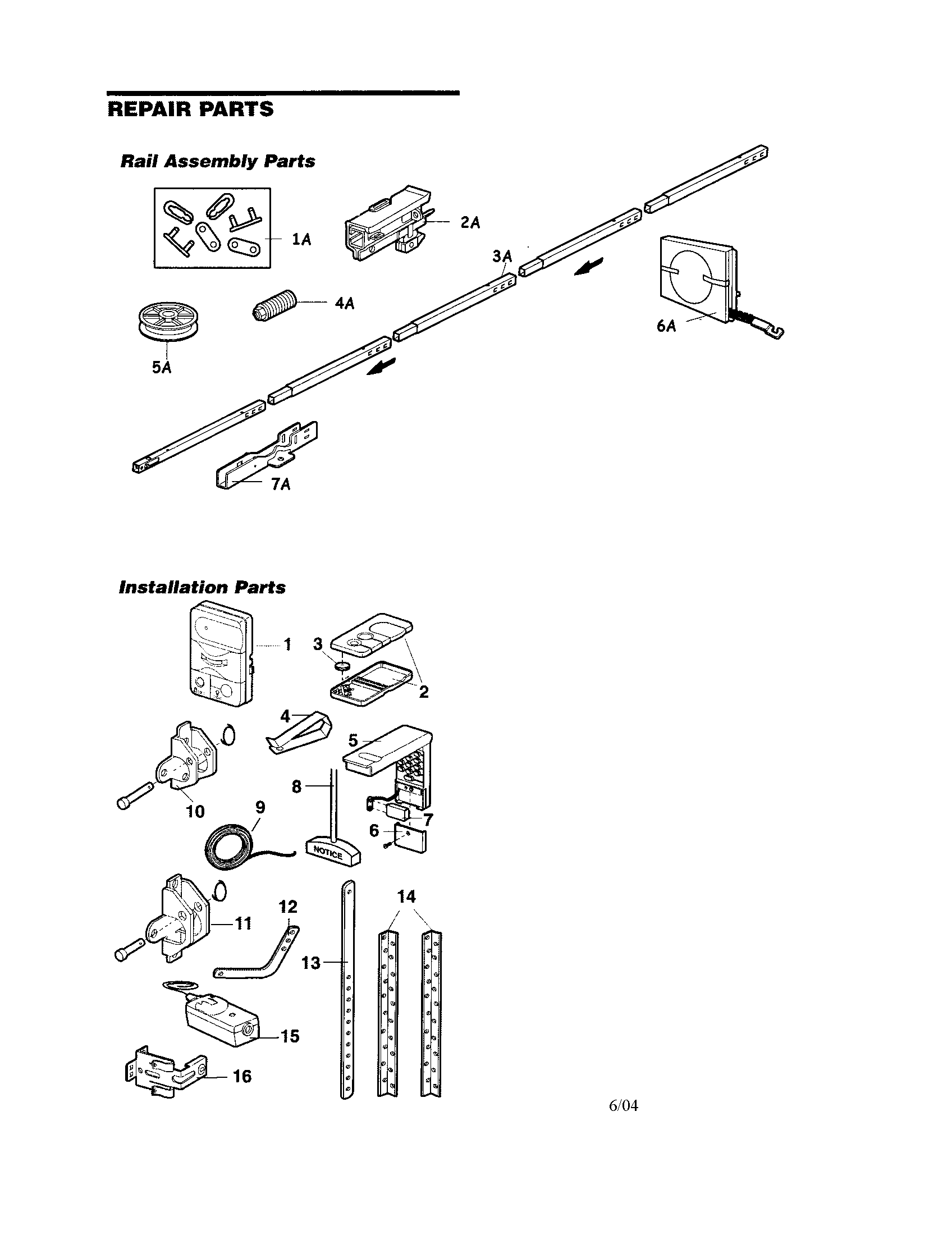 Rail And Installation Diagram and Parts List for  Craftsman Garage Door Opener