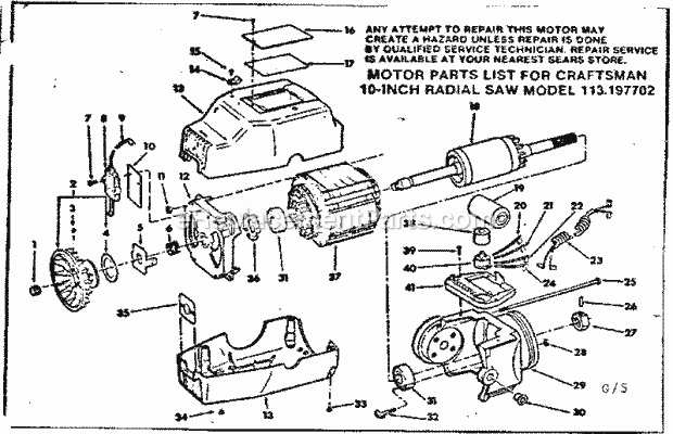 Motor Assembly Diagram and Parts List for  Craftsman Chop Saw