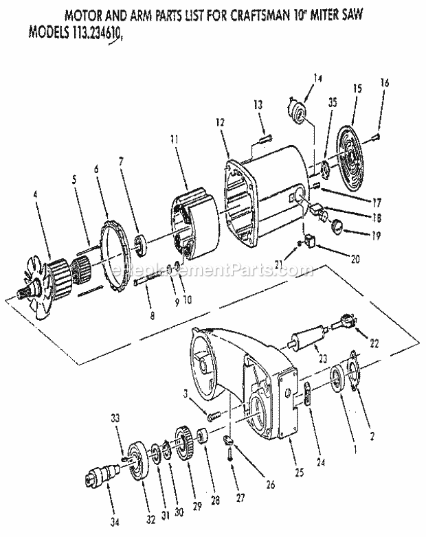 Motor And Arm Diagram and Parts List for  Craftsman Miter Saw