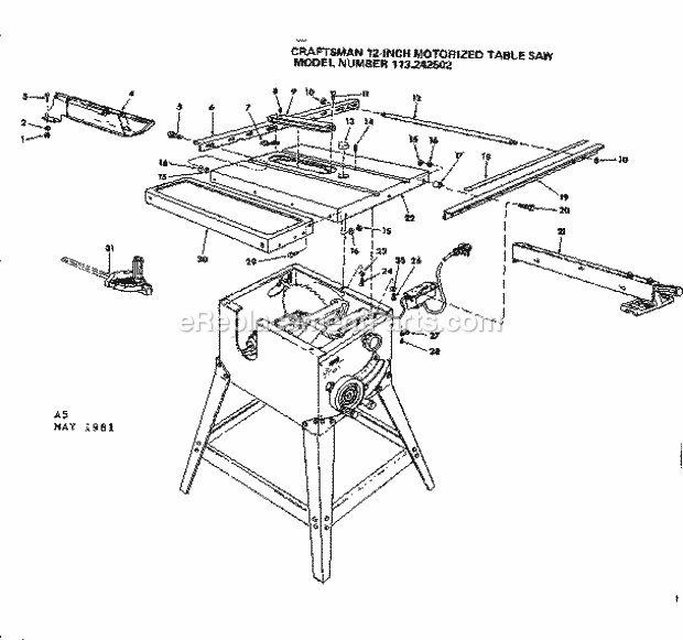 Unit Diagram and Parts List for  Craftsman Table Saw