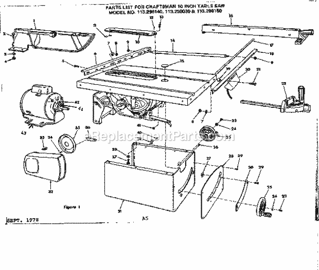 Unit Housing Diagram and Parts List for  Craftsman Table Saw
