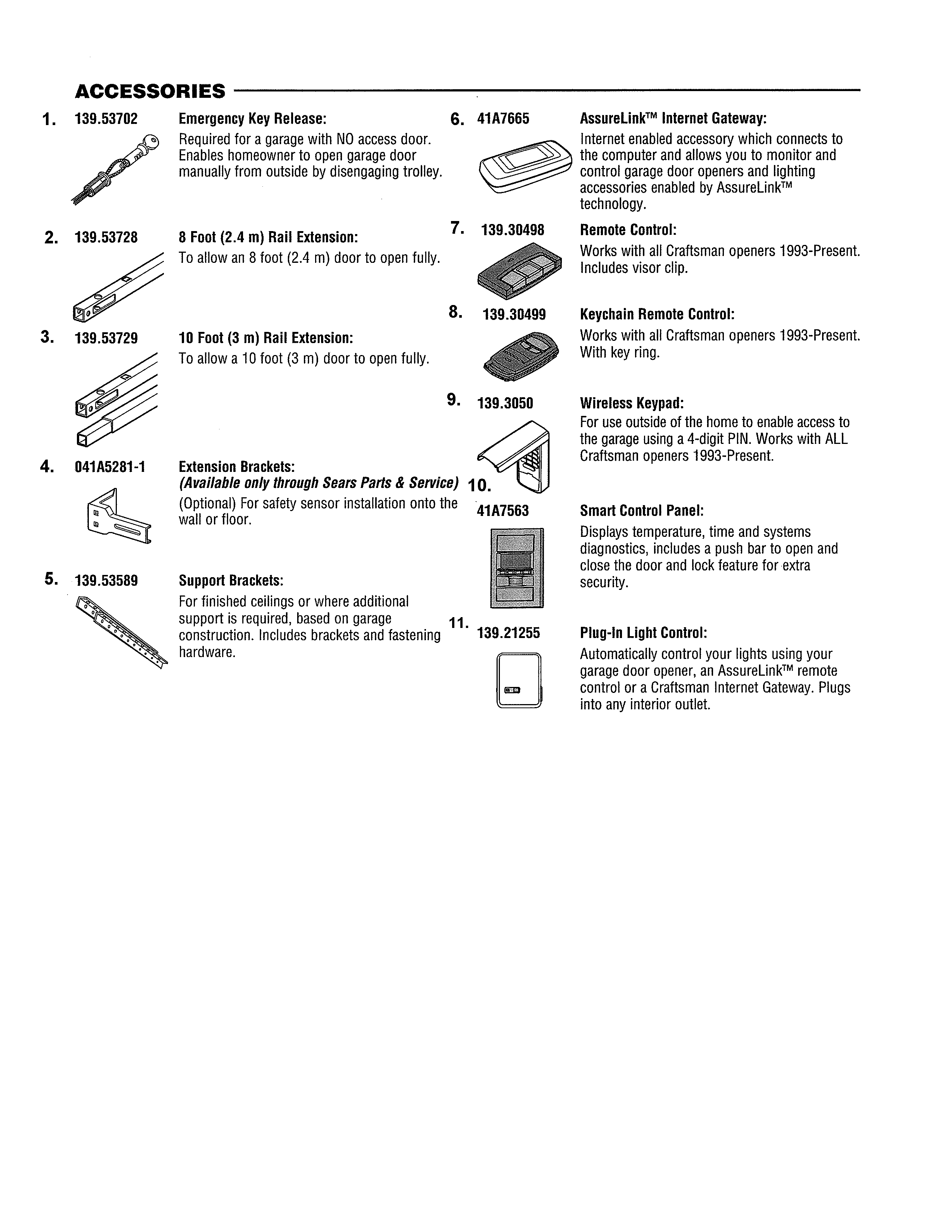 Accessories Diagram and Parts List for  Craftsman Garage Door Opener