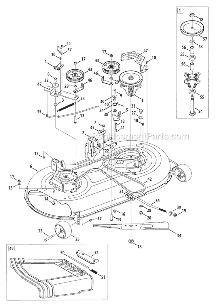 Deck / Spindle Pulley Assembly Diagram and Parts List for  Craftsman Lawn Tractor