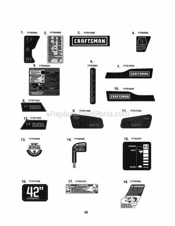 Page H Diagram and Parts List for  Craftsman Lawn Tractor
