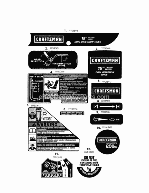 Page D Diagram and Parts List for  Craftsman Tiller