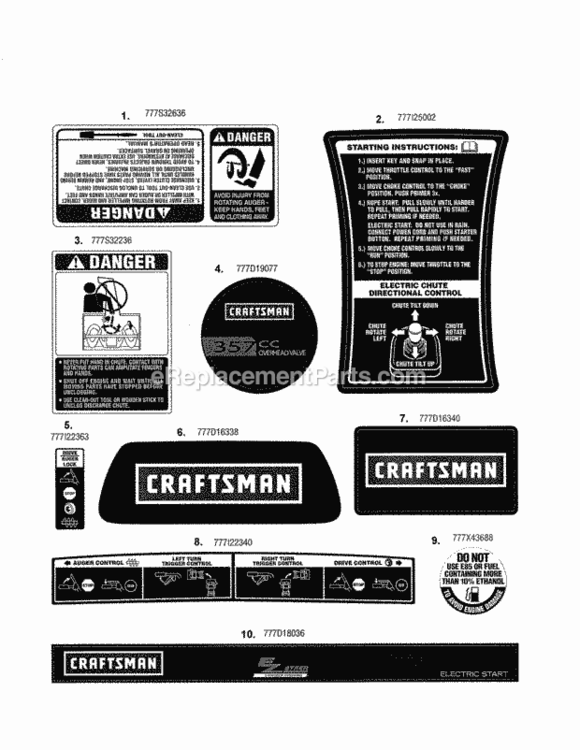 Page E Diagram and Parts List for  Craftsman Snow Blower
