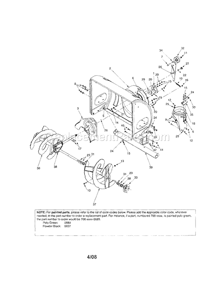 Auger/Spiral Diagram and Parts List for  Craftsman Snow Blower