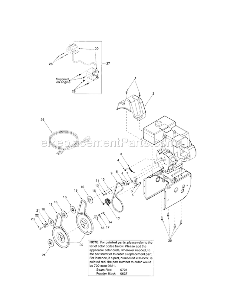 Belt/Belt Cover/Engine Sh... Diagram and Parts List for  Craftsman Snow Blower