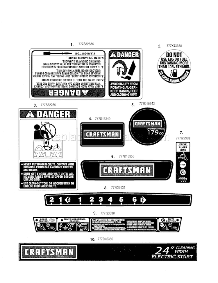 Decals Diagram and Parts List for  Craftsman Snow Blower