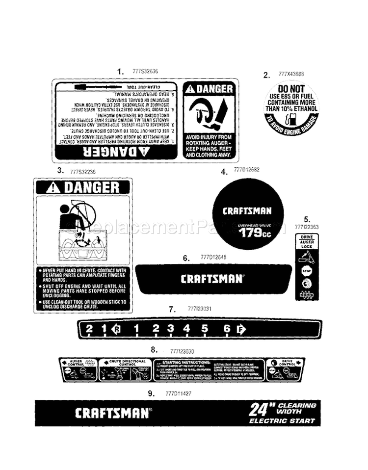 Decals Diagram and Parts List for  Craftsman