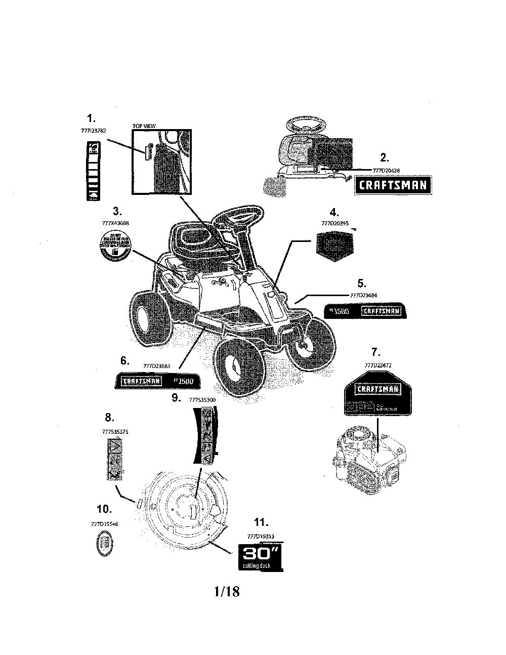 Decals Diagram and Parts List for  Craftsman Lawn Tractor