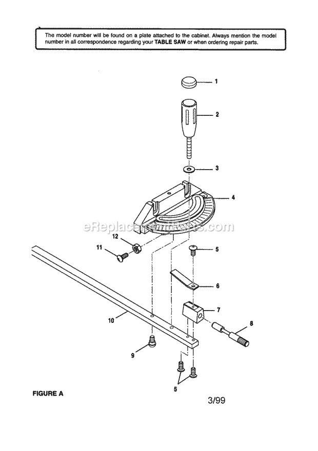 Table Saw Diagram and Parts List for  Craftsman Table Saw