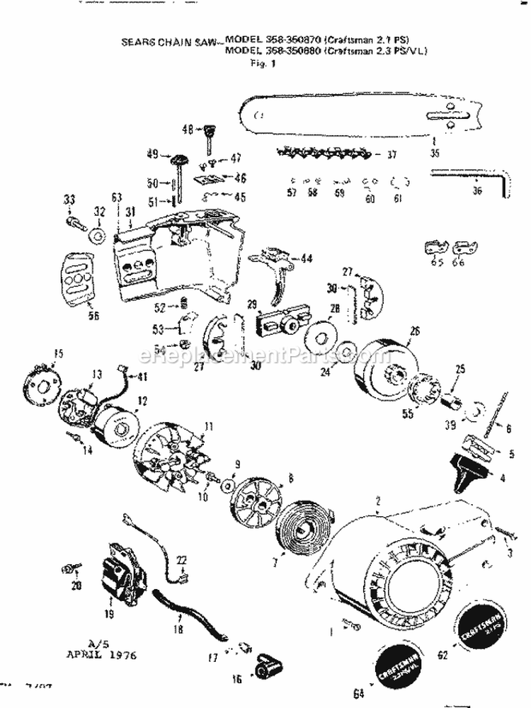 Flywheel Assembly Diagram and Parts List for  Craftsman Chainsaw