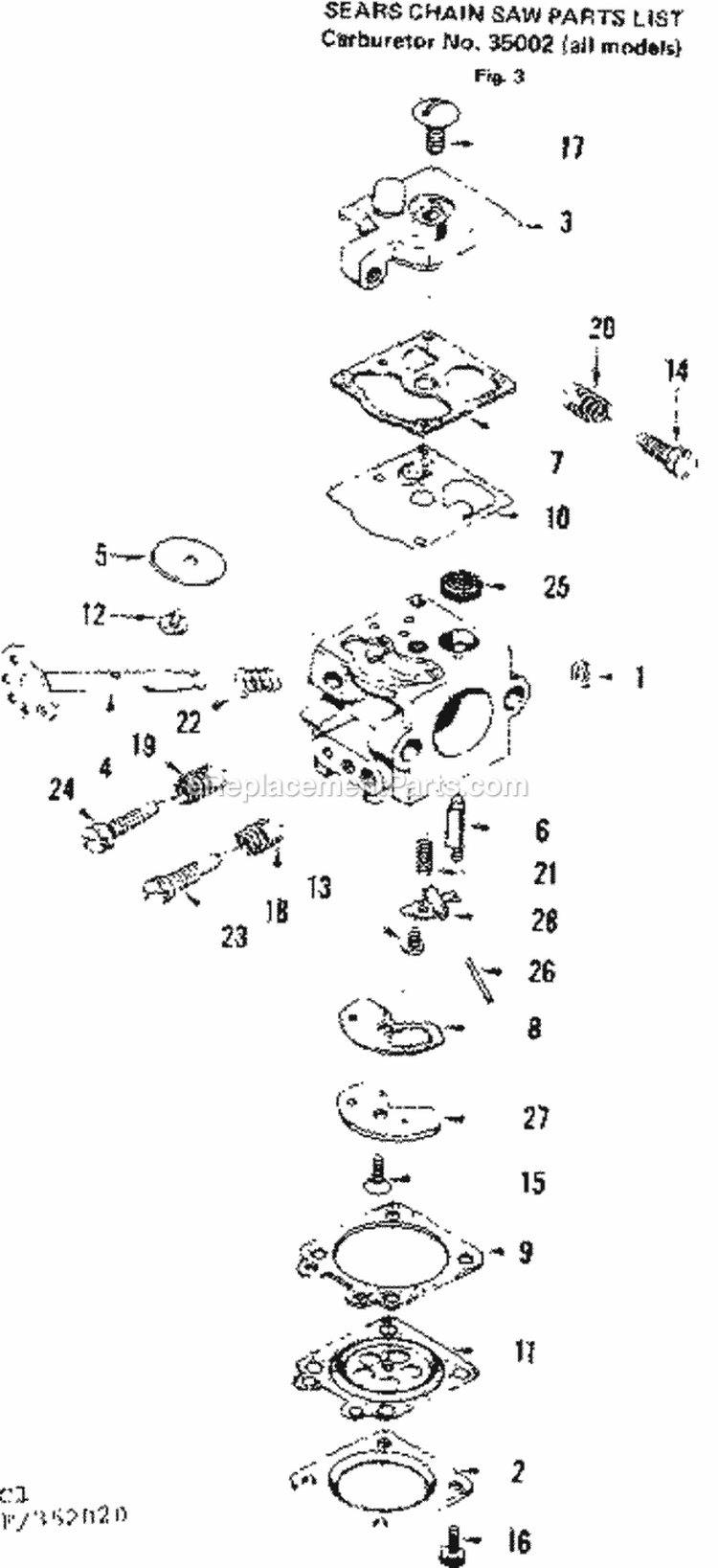 Carburetor Diagram and Parts List for  Craftsman Chainsaw