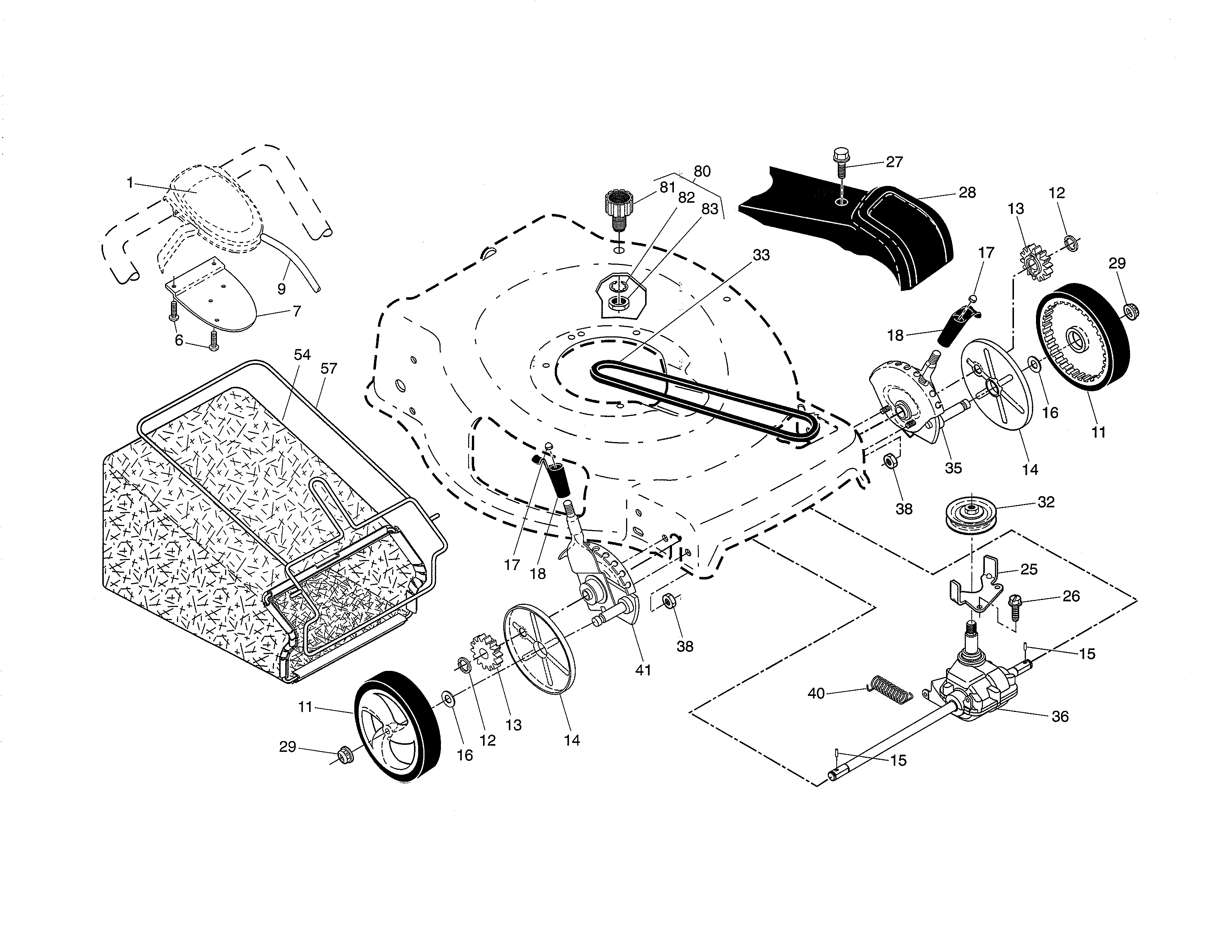 Drive Control/gear Case/wheels Diagram and Parts List for  Craftsman Lawn Mower