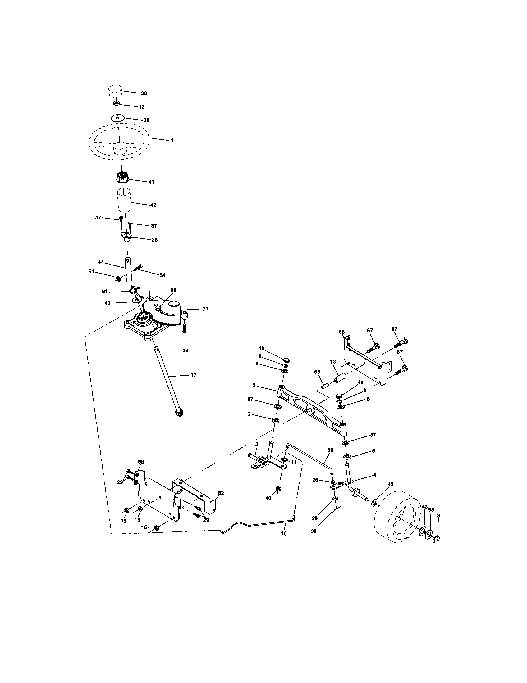 Steering Assembly Diagram and Parts List for  Craftsman Lawn Tractor