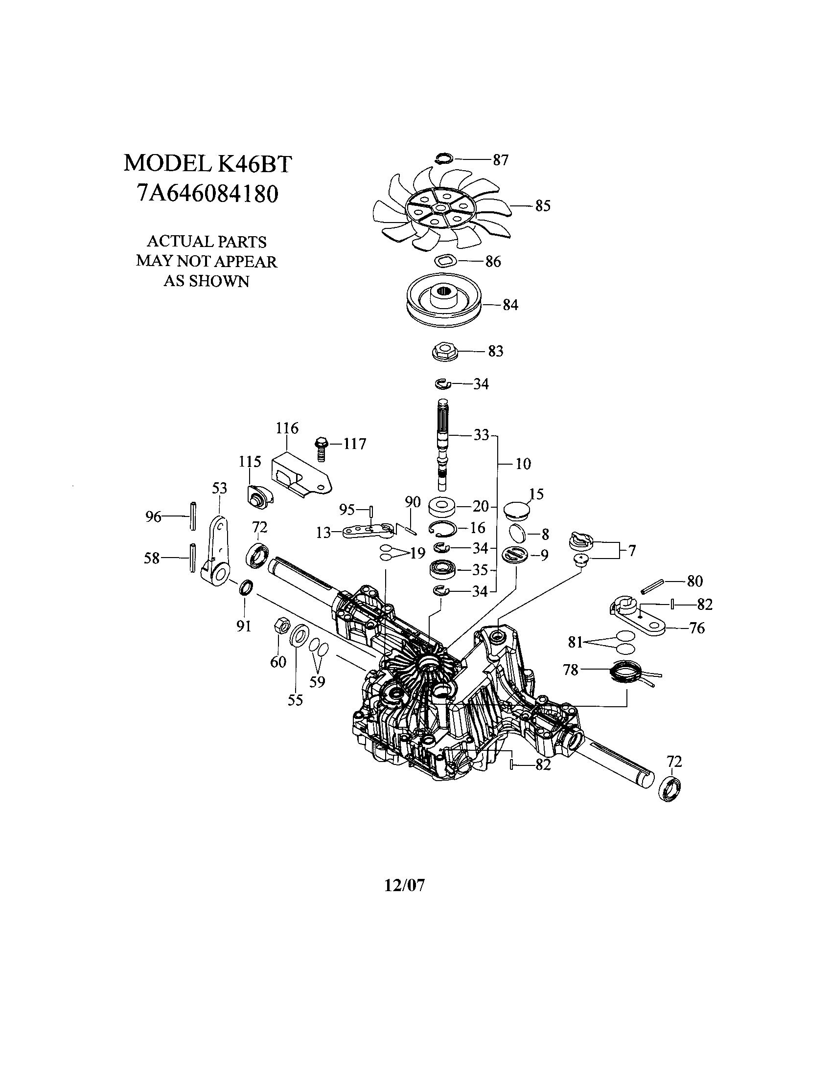 Transaxle-k46bt Diagram and Parts List for  Craftsman Lawn Tractor