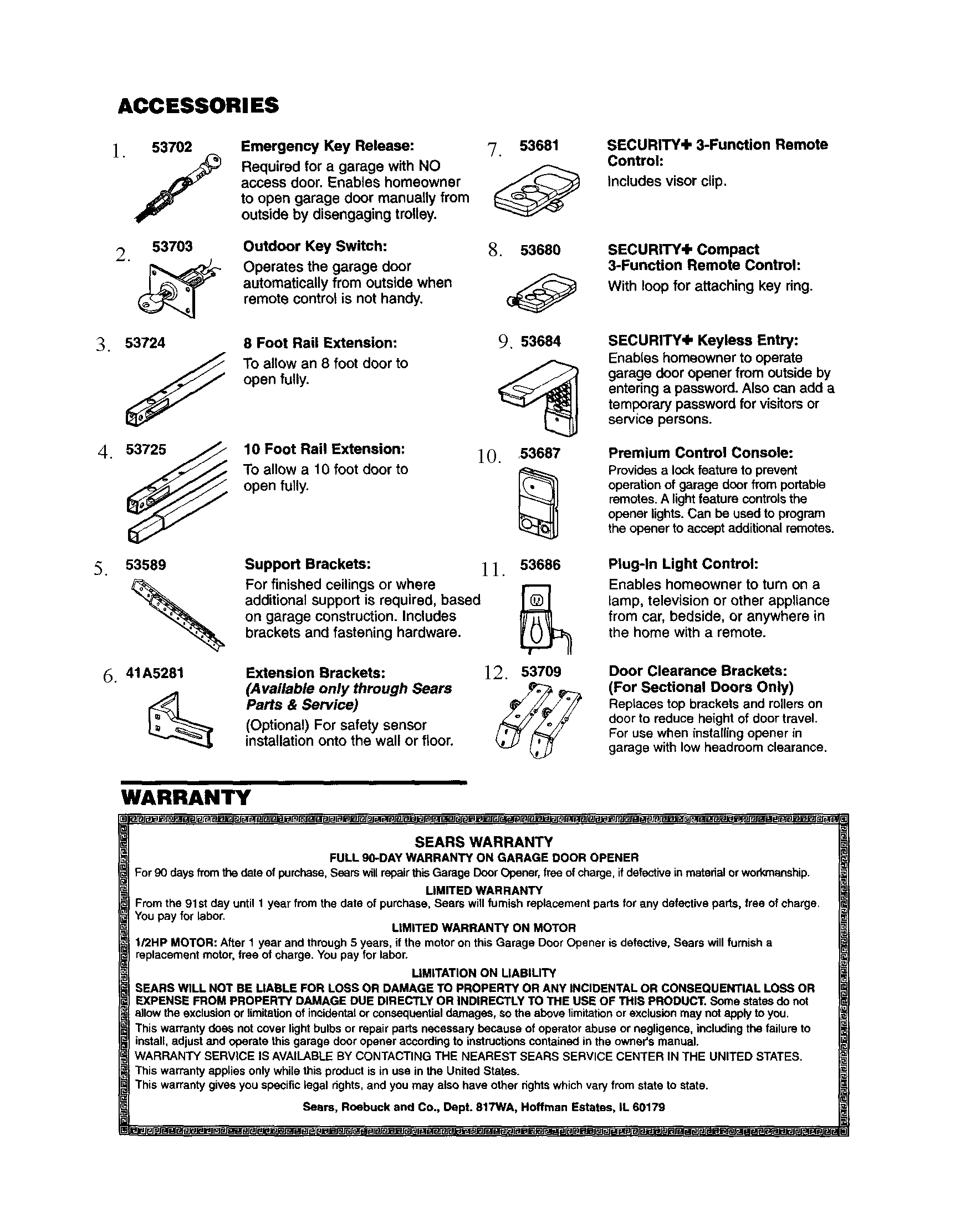 Accessories Diagram and Parts List for  Craftsman Garage Door Opener