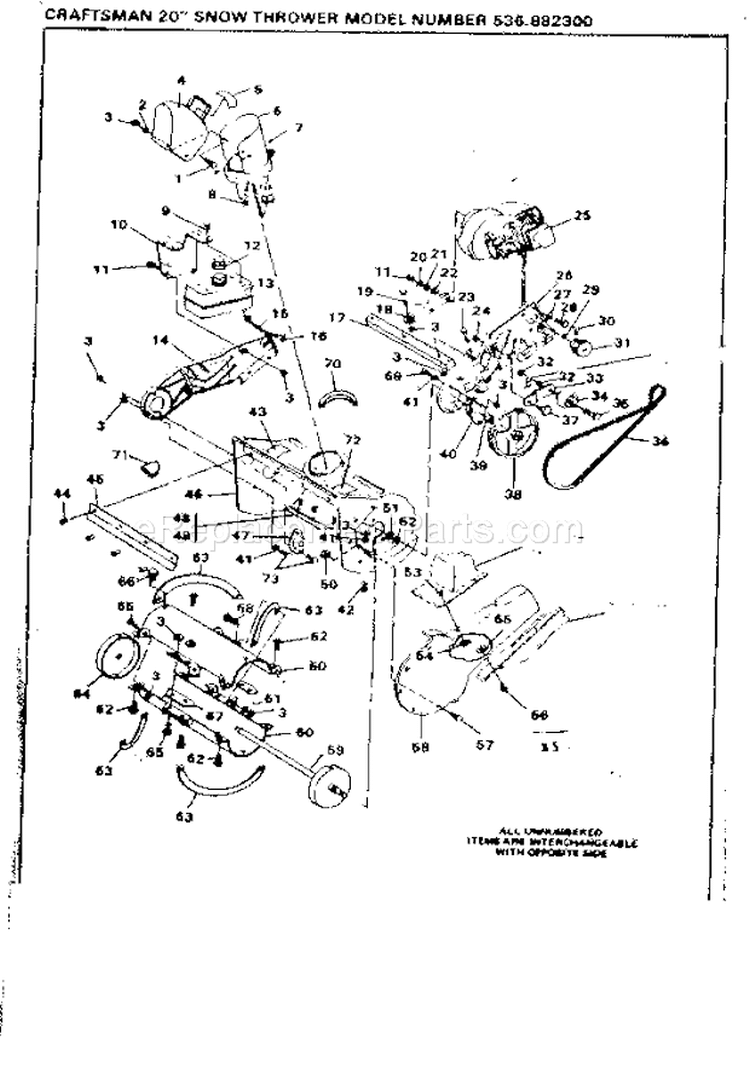 Engine And Reel Assembly Diagram and Parts List for  Craftsman Snow Blower