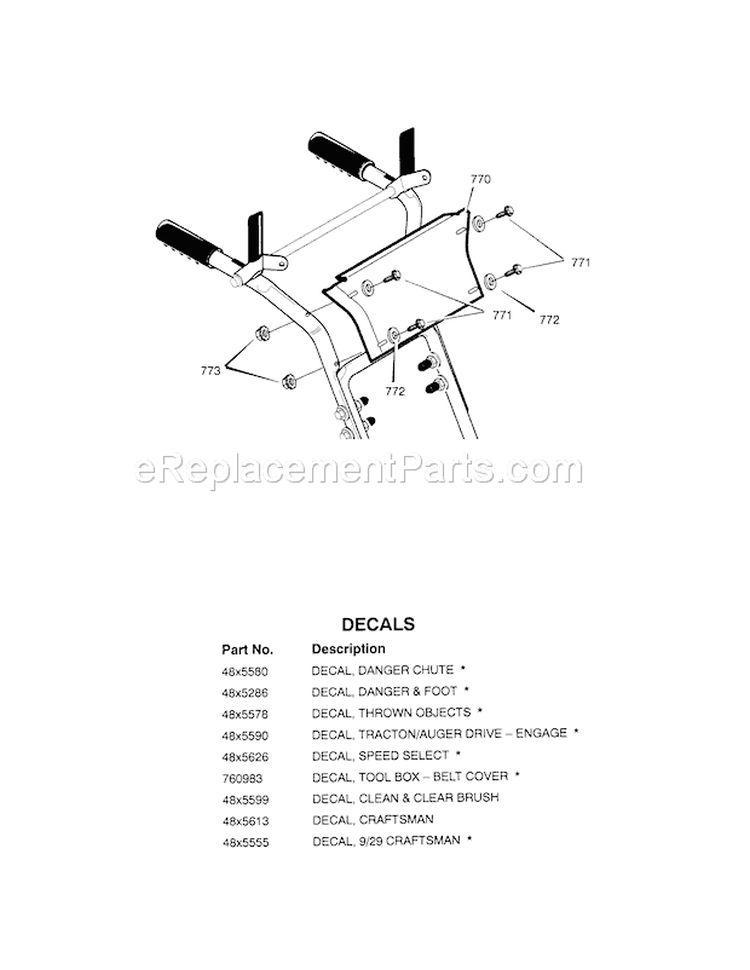 Panel/Decals Diagram and Parts List for  Craftsman Snow Blower