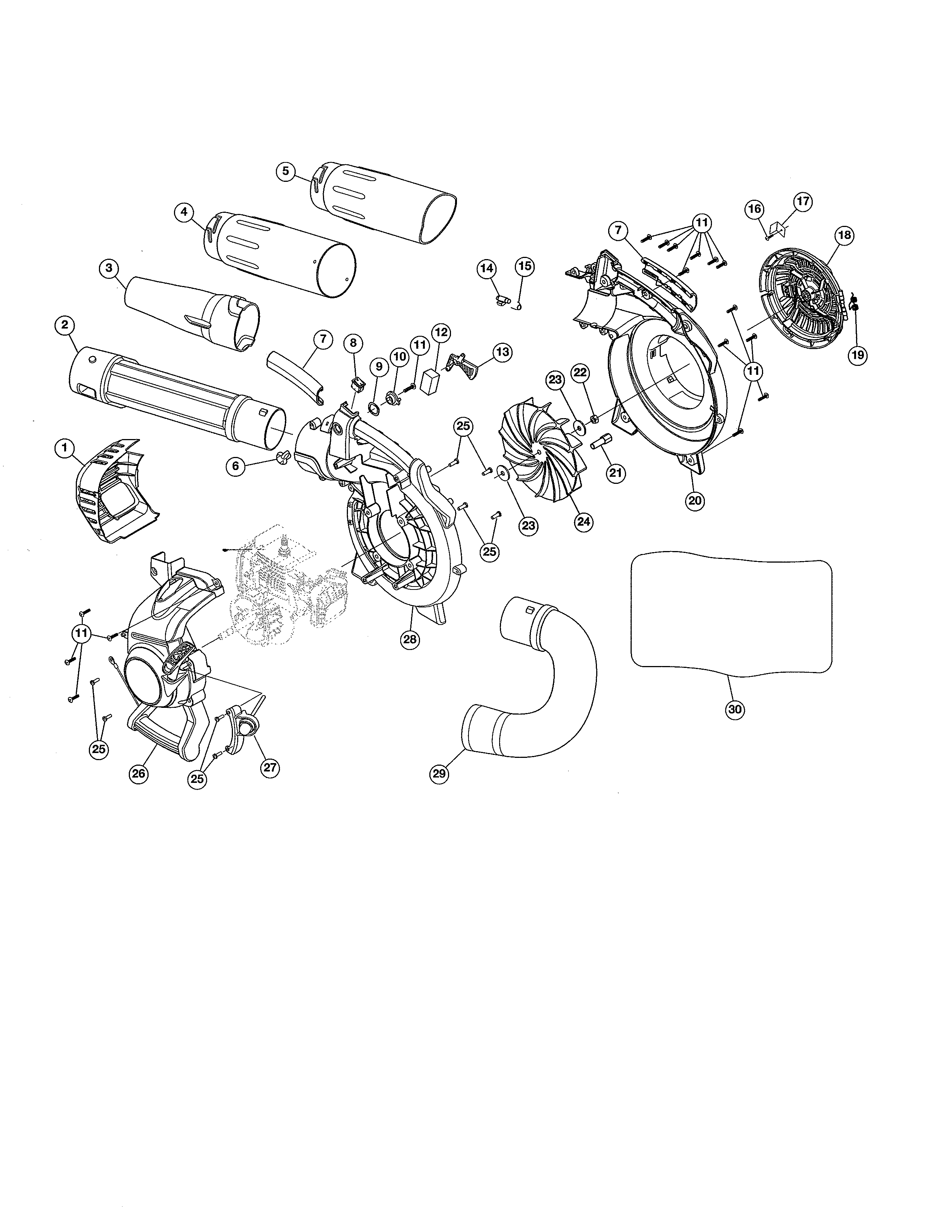 Tubes/impeller/bag Diagram and Parts List for  Craftsman Leaf Blower / Vacuum