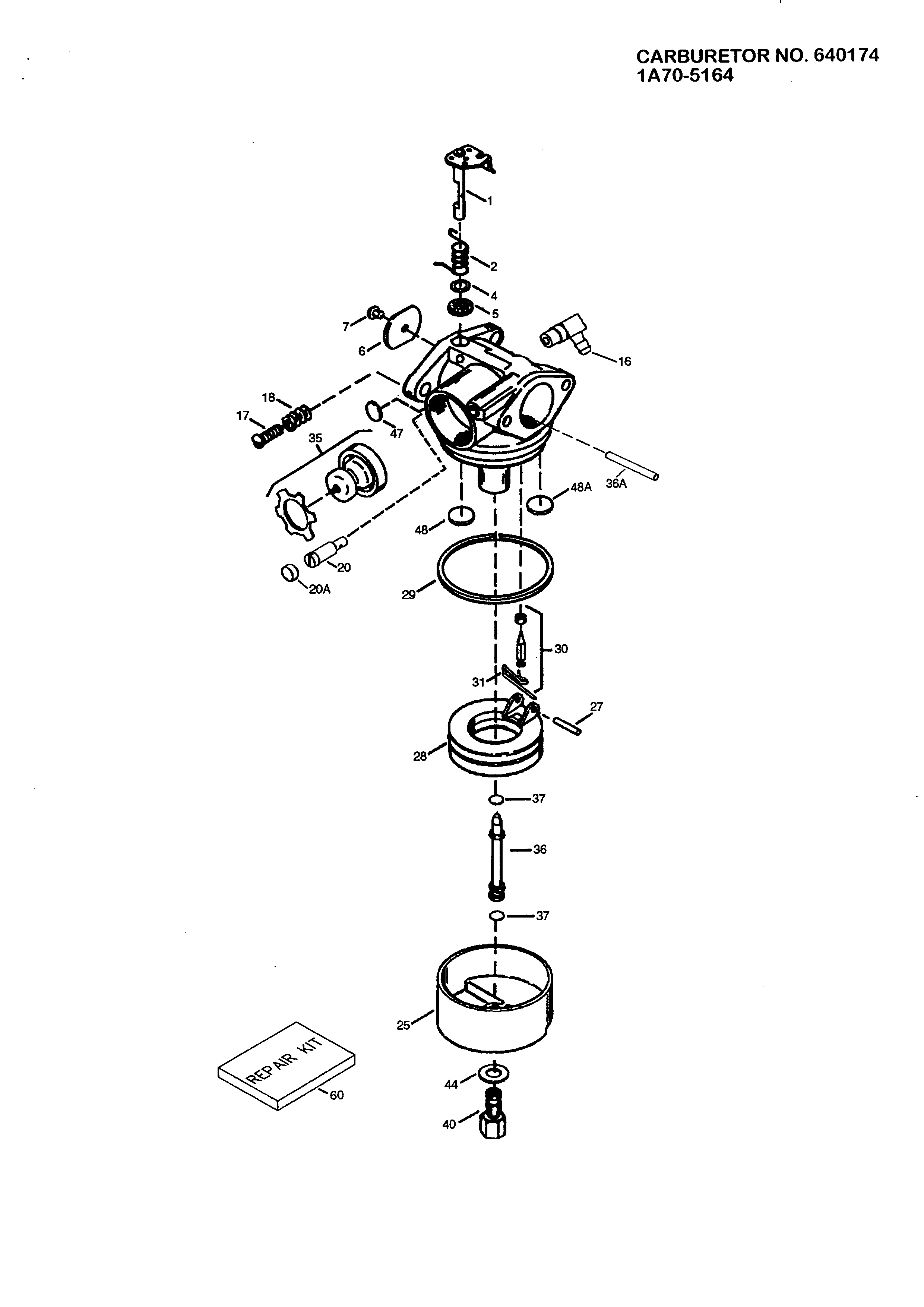 Carburetor 1a70-5164 Diagram and Parts List for 143996002  Craftsman Engine