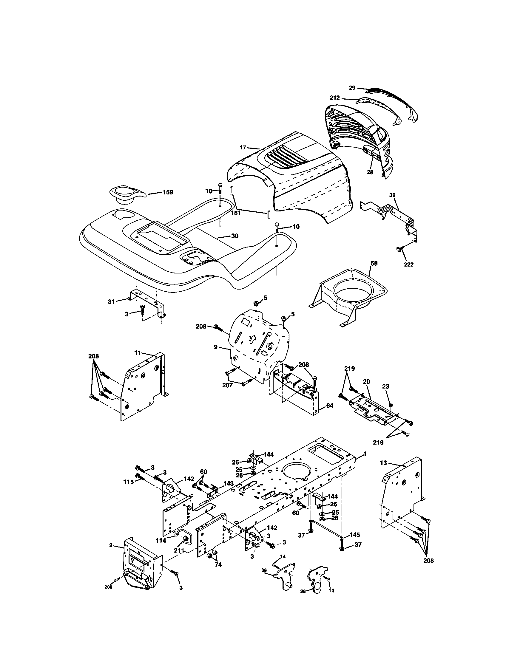 Chassis/enclosures Diagram and Parts List for  Craftsman Lawn Tractor