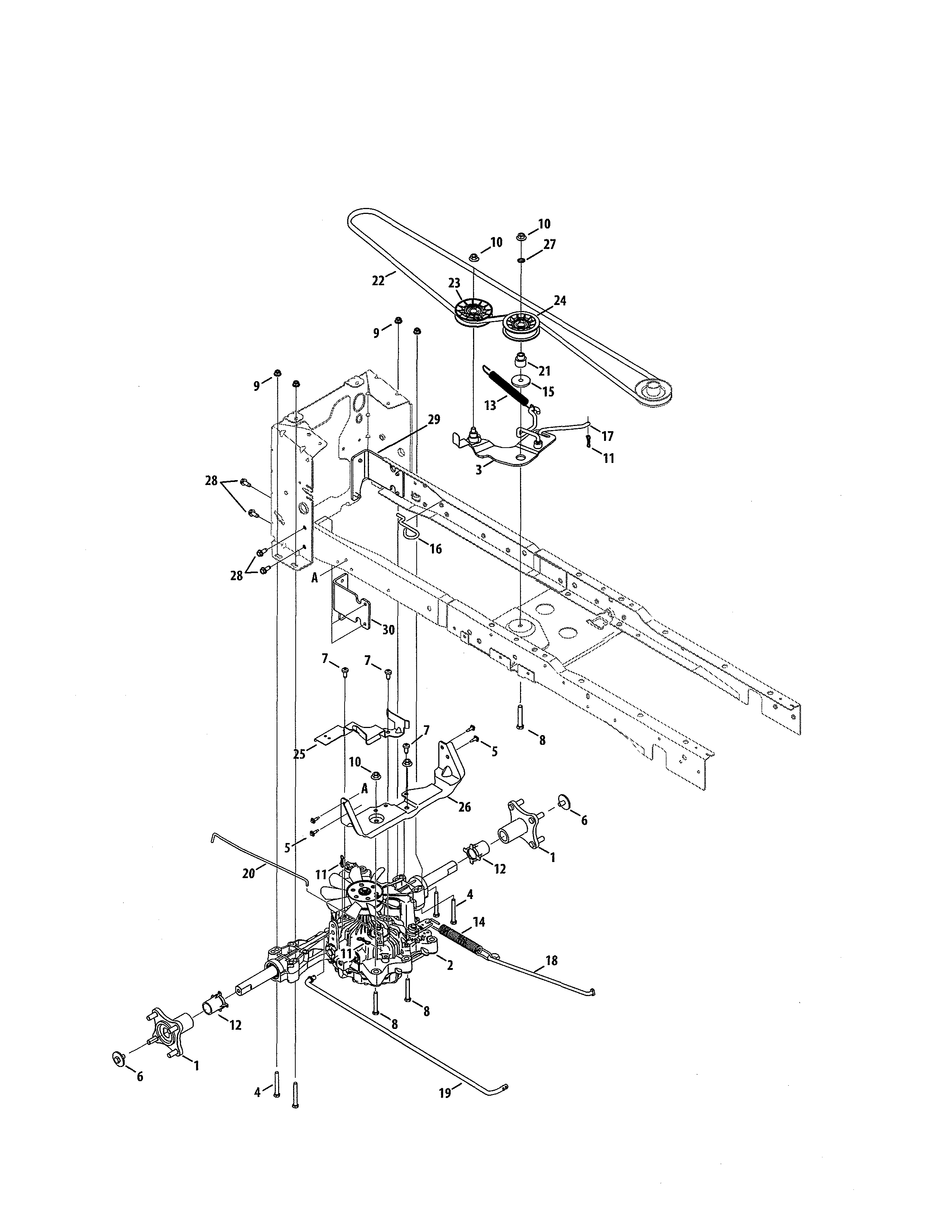 Transmission/pulley Diagram and Parts List for  Craftsman Lawn Tractor